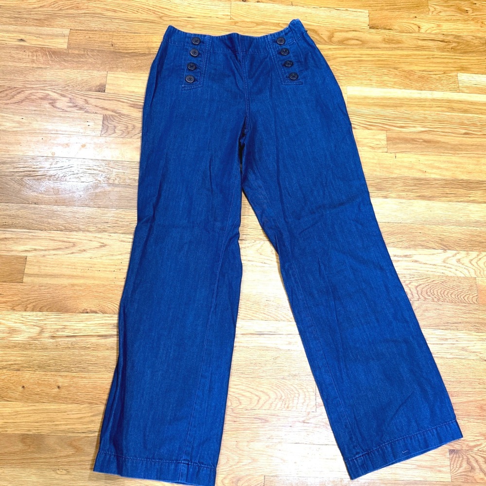 Talbots Womens 6 Blue Cotton Tencel Sailor Wide Leg Denim Pants Side Zip